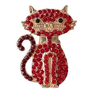 3/$25 Mint Red & Gold Cat Rhinestone Pin Brooch